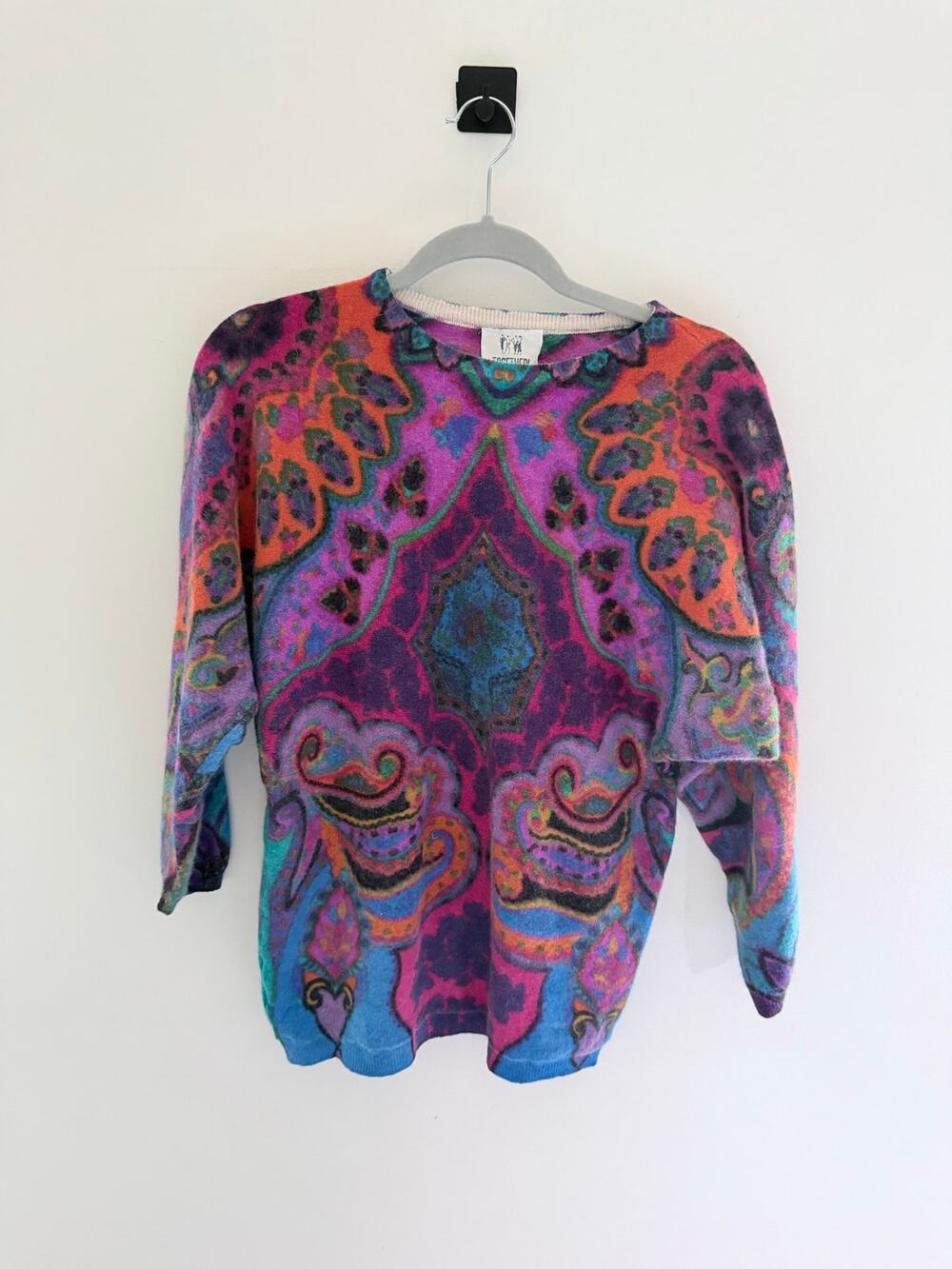 Vintage Together 90 Multicolor Paisley Lambswool Blend 3/4 Sleeve Sweater-Size S
